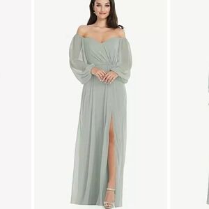 Dessy Collection Convertible Neck Long Sleeve Chiffon Gown Willow Green 16 NWT